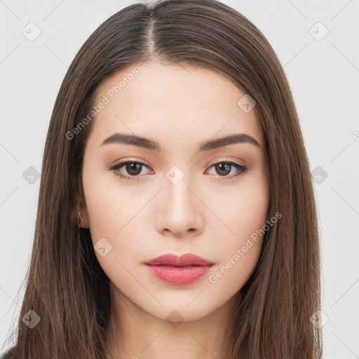 Neutral white young-adult female with long  brown hair and brown eyes