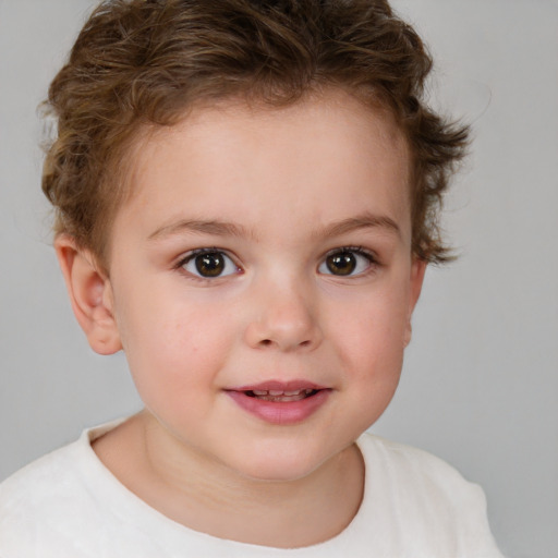 Joyful white child female with short  brown hair and brown eyes