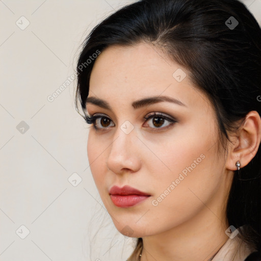 Neutral white young-adult female with medium  brown hair and brown eyes