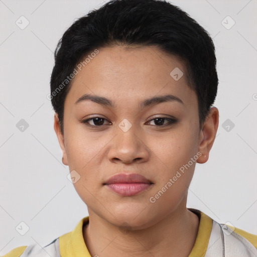 Joyful latino young-adult female with short  black hair and brown eyes