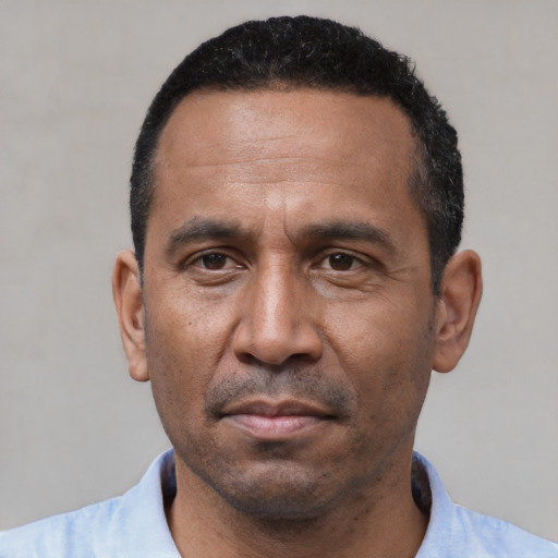 Neutral latino adult male with short  black hair and brown eyes