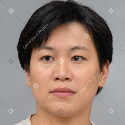 Neutral asian adult female with short  brown hair and brown eyes