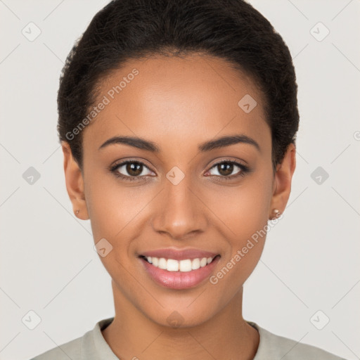 Joyful latino young-adult female with short  brown hair and brown eyes