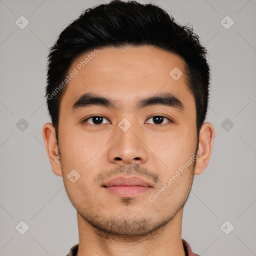 Neutral asian young-adult male with short  black hair and brown eyes