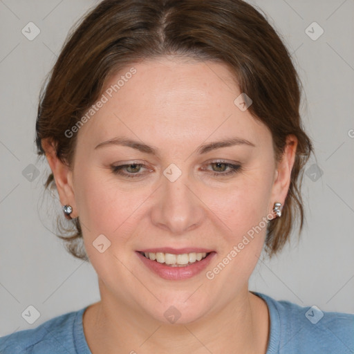 Joyful white young-adult female with medium  brown hair and blue eyes