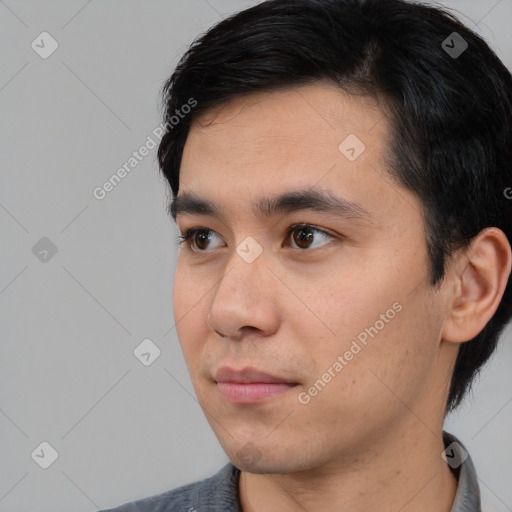 Neutral asian young-adult male with short  black hair and brown eyes