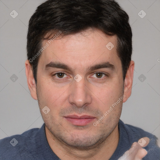 Neutral white young-adult male with short  brown hair and brown eyes