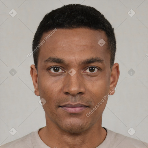 Neutral black young-adult male with short  black hair and brown eyes