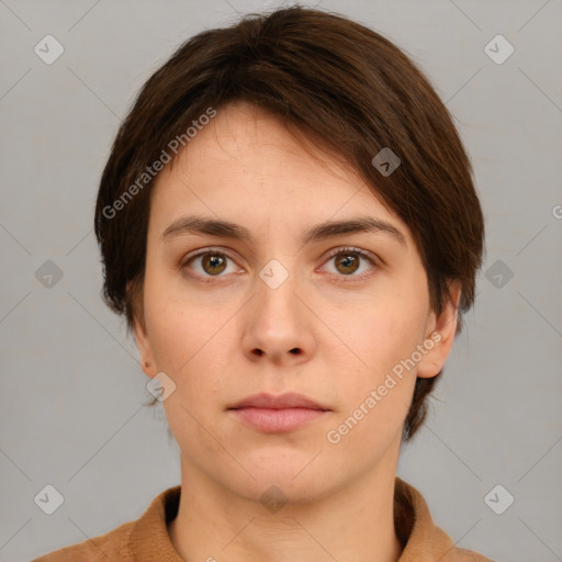 Neutral white young-adult female with medium  brown hair and brown eyes