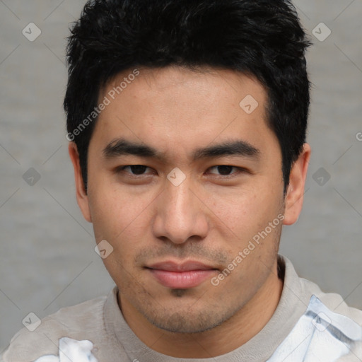 Neutral asian young-adult male with short  black hair and brown eyes