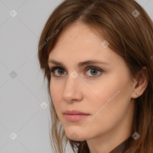 Neutral white young-adult female with medium  brown hair and brown eyes