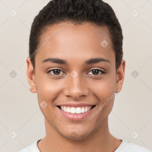 Joyful white young-adult female with short  brown hair and brown eyes