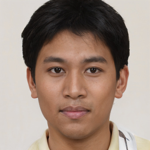 Neutral asian young-adult male with short  brown hair and brown eyes