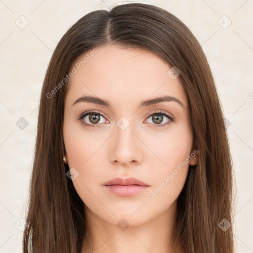 Neutral white young-adult female with long  brown hair and brown eyes