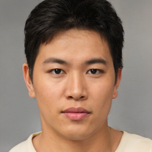 Neutral asian young-adult male with short  brown hair and brown eyes