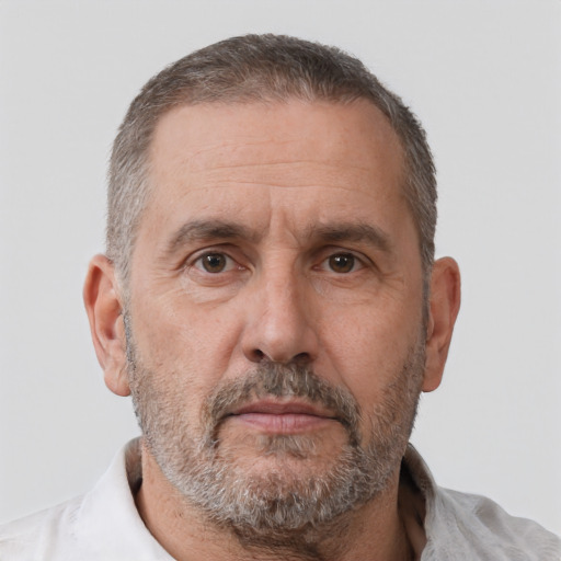 Neutral white middle-aged male with short  brown hair and brown eyes