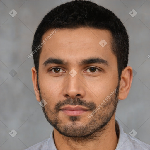 Neutral latino young-adult male with short  black hair and brown eyes