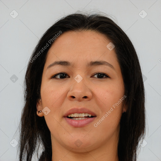 Joyful asian young-adult female with medium  brown hair and brown eyes