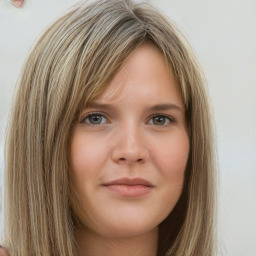 Neutral white young-adult female with long  brown hair and grey eyes