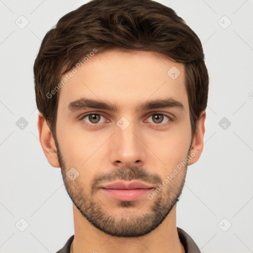 Neutral white young-adult male with short  brown hair and brown eyes