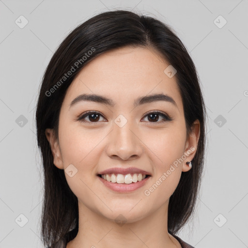 Joyful white young-adult female with medium  brown hair and brown eyes