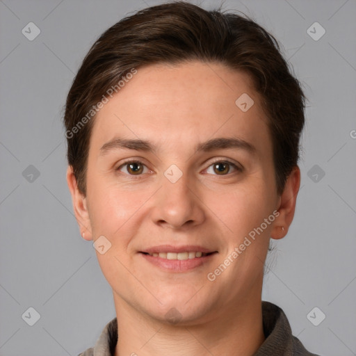 Joyful white young-adult female with short  brown hair and brown eyes