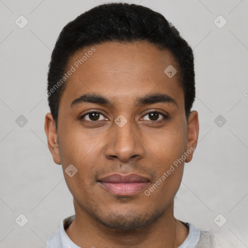 Neutral latino young-adult male with short  black hair and brown eyes