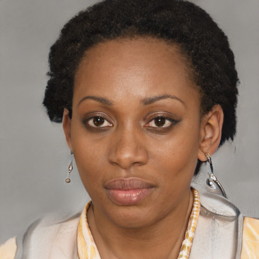 Neutral black adult female with short  brown hair and brown eyes
