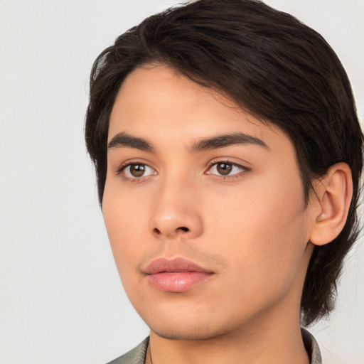 Neutral latino young-adult male with medium  brown hair and brown eyes