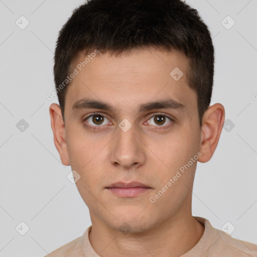 Neutral white young-adult male with short  brown hair and brown eyes