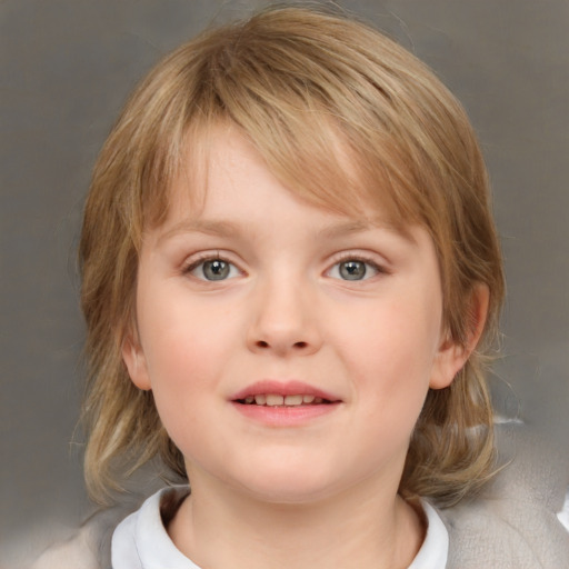 Joyful white child female with medium  brown hair and blue eyes