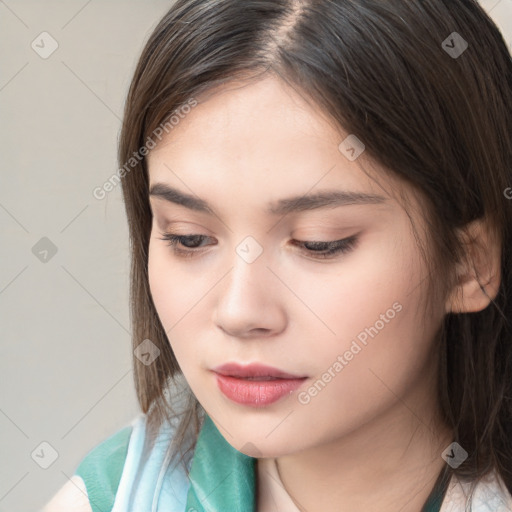Neutral white young-adult female with medium  brown hair and brown eyes