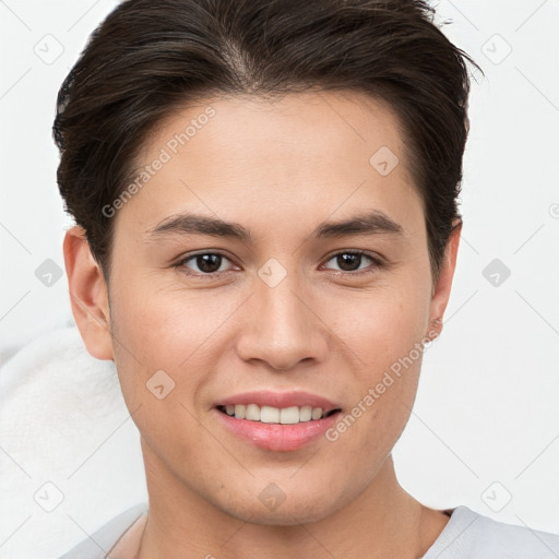 Joyful white young-adult female with short  brown hair and brown eyes