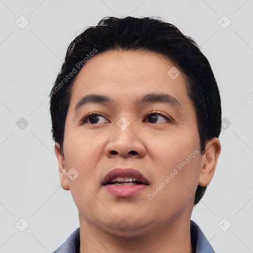 Neutral asian young-adult male with short  black hair and brown eyes