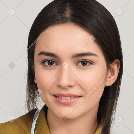 Joyful white young-adult female with medium  brown hair and brown eyes