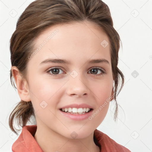 Joyful white child female with medium  brown hair and grey eyes