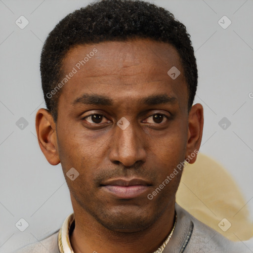 Neutral black young-adult male with short  brown hair and brown eyes