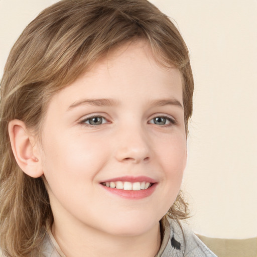 Joyful white child female with medium  brown hair and blue eyes