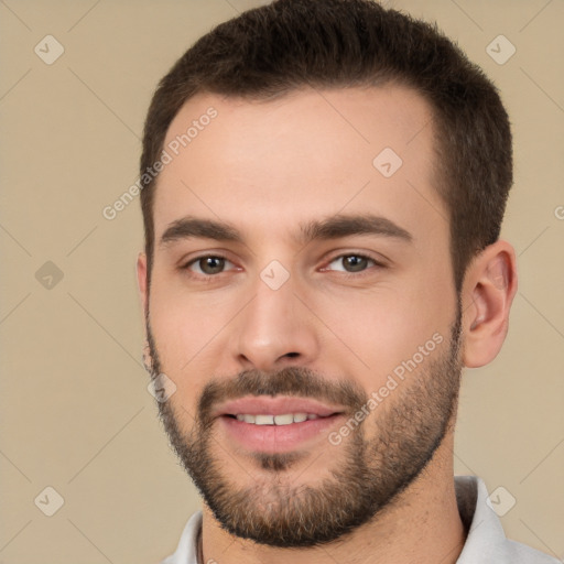 Joyful white young-adult male with short  brown hair and brown eyes