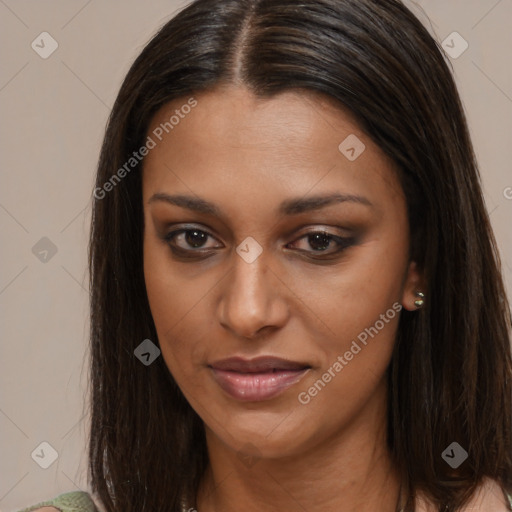 Joyful asian young-adult female with long  brown hair and brown eyes