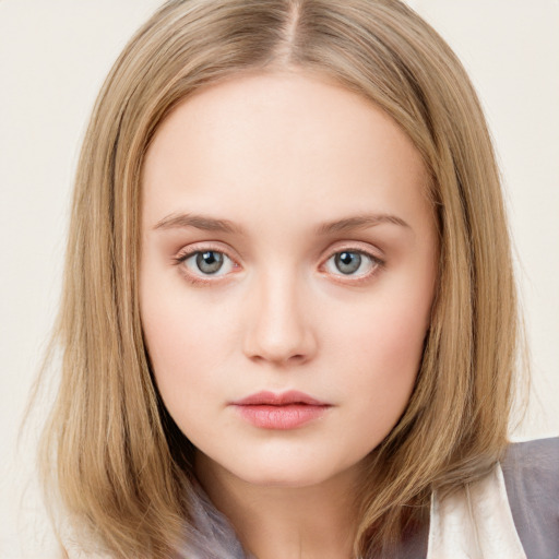 Neutral white child female with long  brown hair and brown eyes