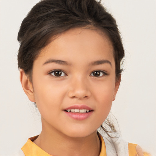 Joyful white child female with medium  brown hair and brown eyes