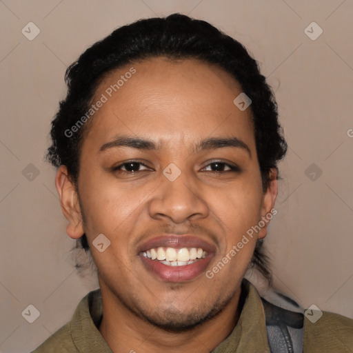 Joyful black young-adult male with short  black hair and brown eyes