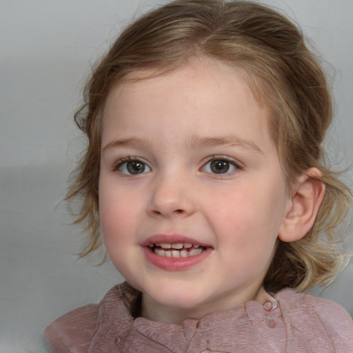 Joyful white child female with medium  brown hair and blue eyes