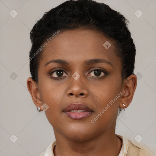 Neutral black young-adult female with short  brown hair and brown eyes