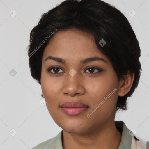 Joyful latino young-adult female with medium  black hair and brown eyes