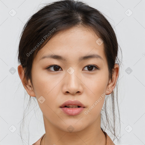 Neutral asian young-adult female with medium  brown hair and brown eyes