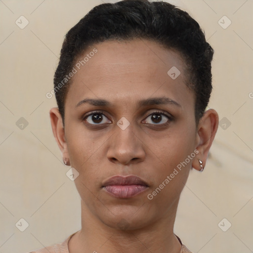 Neutral latino young-adult female with short  brown hair and brown eyes