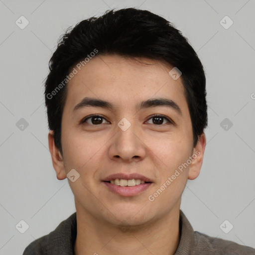 Joyful asian young-adult male with short  black hair and brown eyes