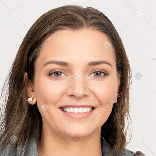 Joyful white young-adult female with long  brown hair and grey eyes